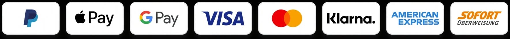 Zahlungsmethoden: PayPal, Apple Pay, Google Pay, Visa, Mastercard, Klarna, American Express, Sofort